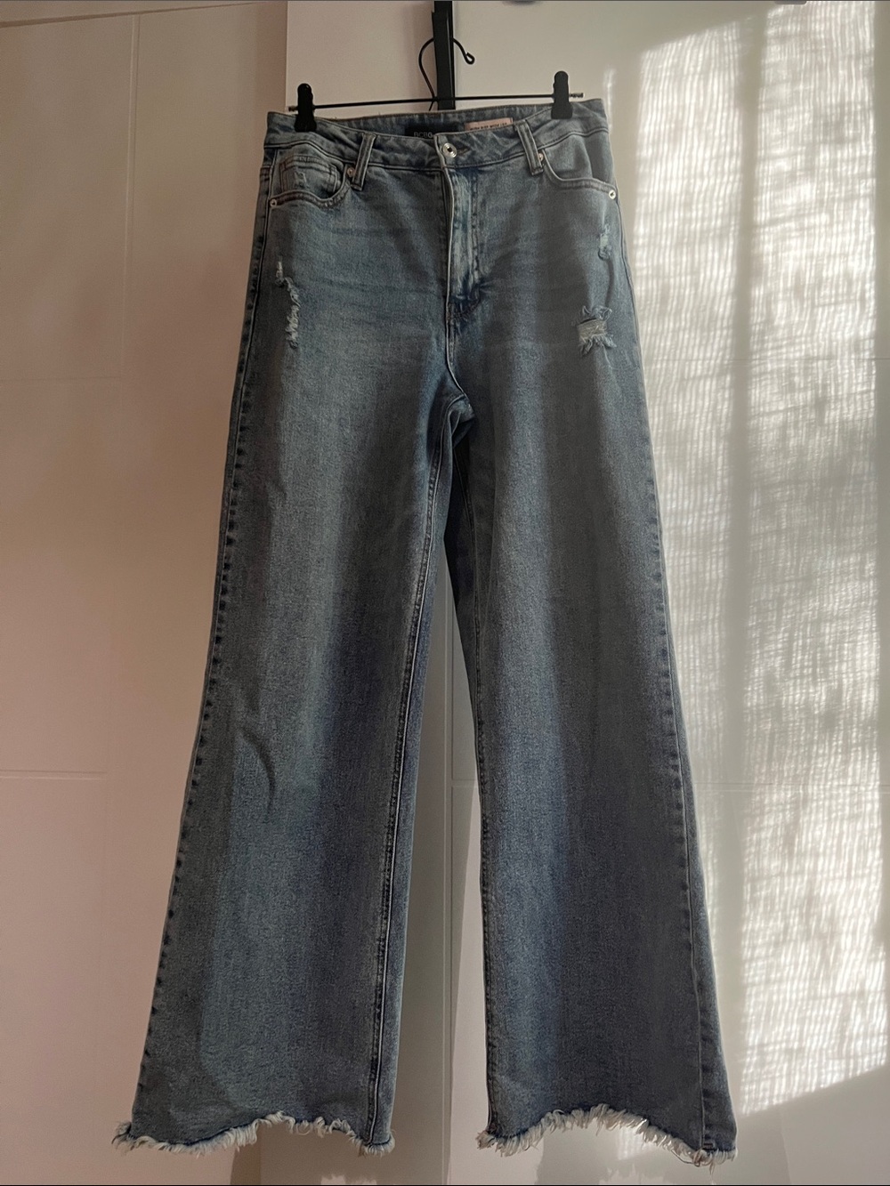 BCBGeneration Wide-Leg Distressed Jeans — Light Blue Denim